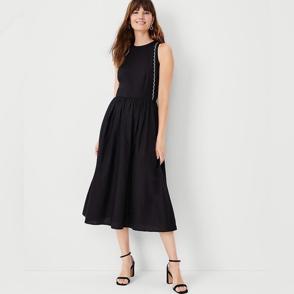 ANN TAYLOR, Scalloped Linen Blend Midi Dress, Black, Size 12 New With Tags